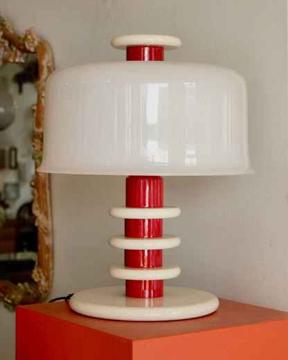 RED & WHITE TURNED TIMBER TABLE LAMP w. PLEXIGLASS SHADE
