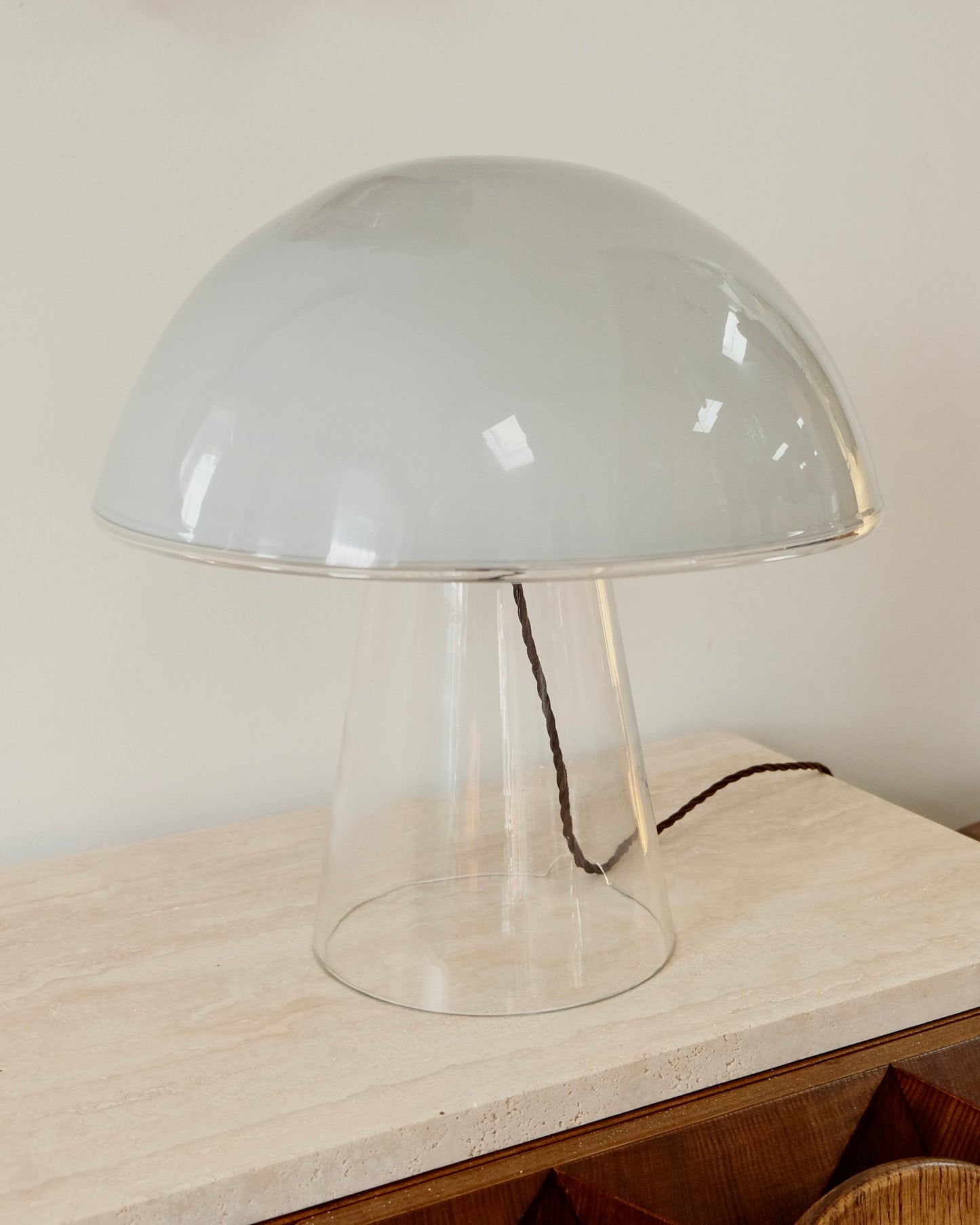 ITALIAN GREY GLASS MUSHROOM LAMP w. CLEAR BASE