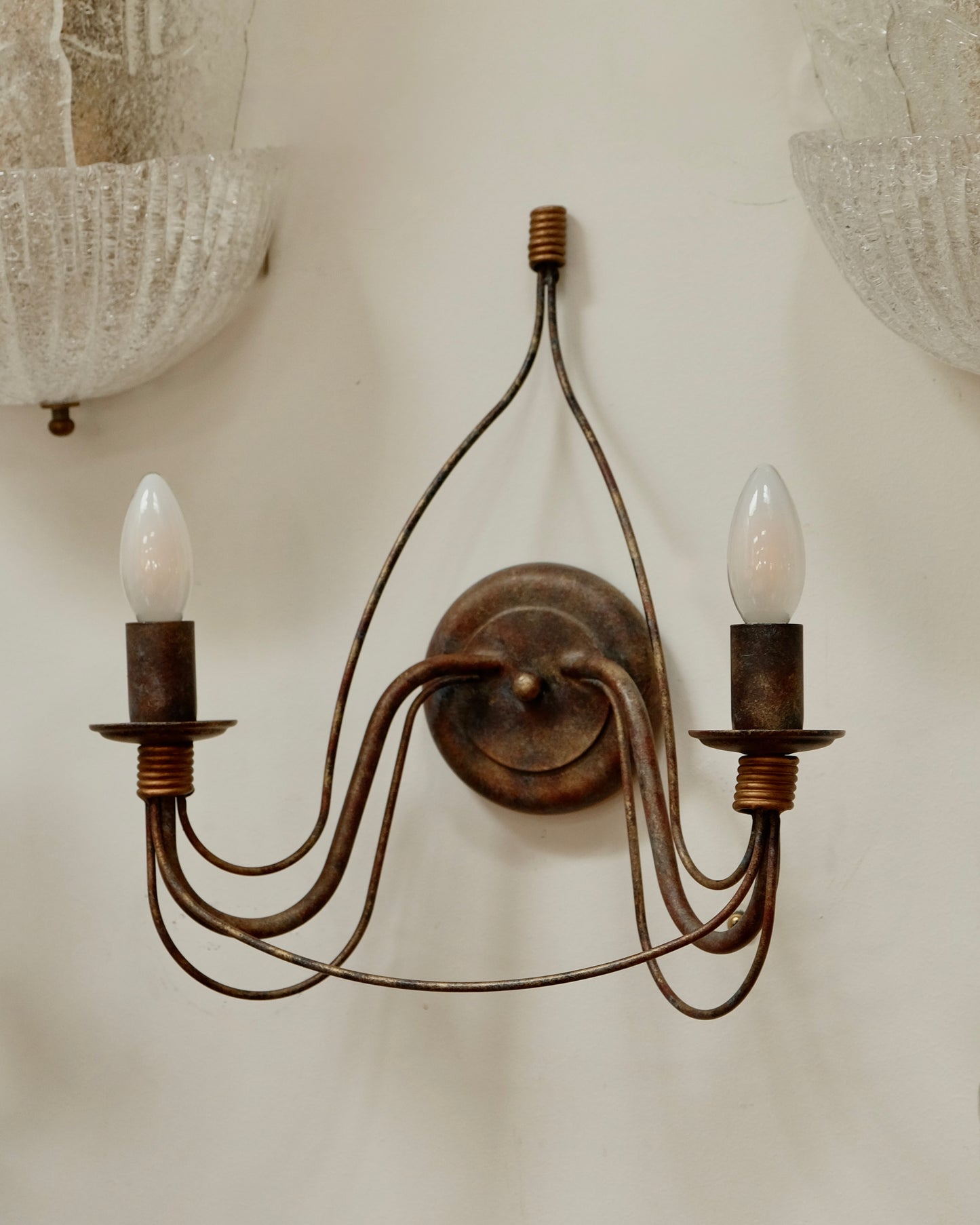 PAIR OF FRENCH HAND PAINTED BRONZE TWIN ARM SCONCES