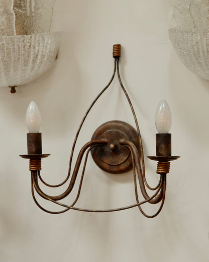 PAIR OF FRENCH HAND PAINTED BRONZE TWIN ARM SCONCES