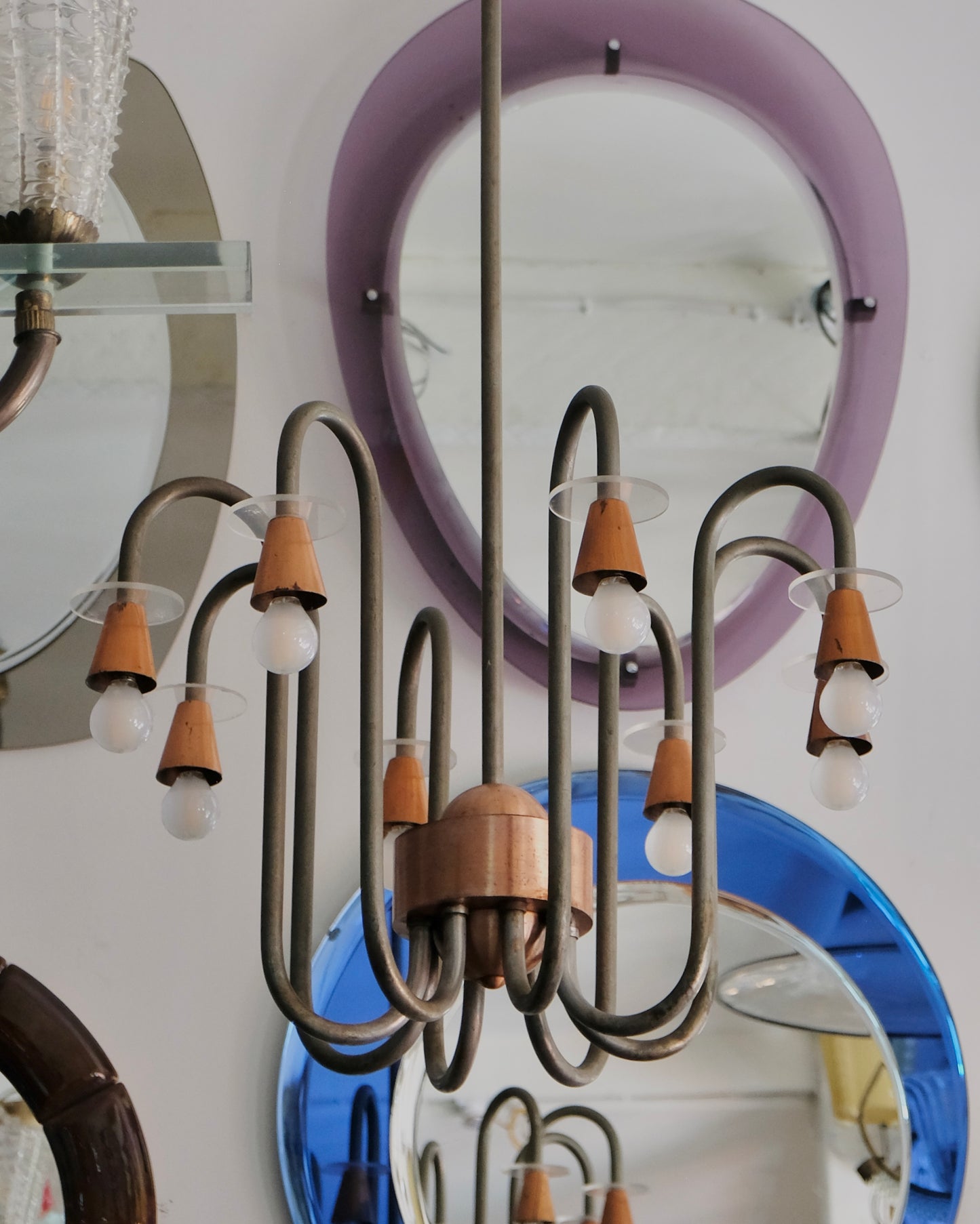 CURVED COPPER & PLEXIGLASS EIGHT LIGHT PENDANT