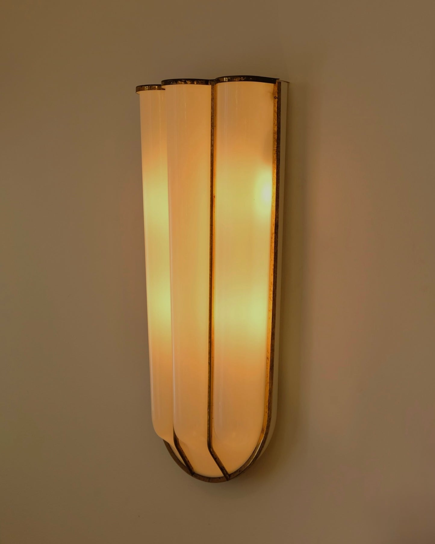 BRASS TRIPARTITE SCONCES w. OPAL METHACRYLATE SHADE