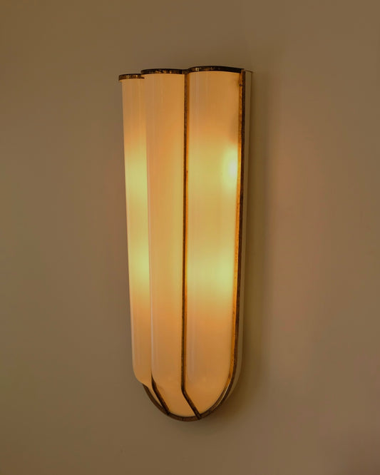 BRASS TRIPARTITE SCONCES w. OPAL METHACRYLATE SHADE