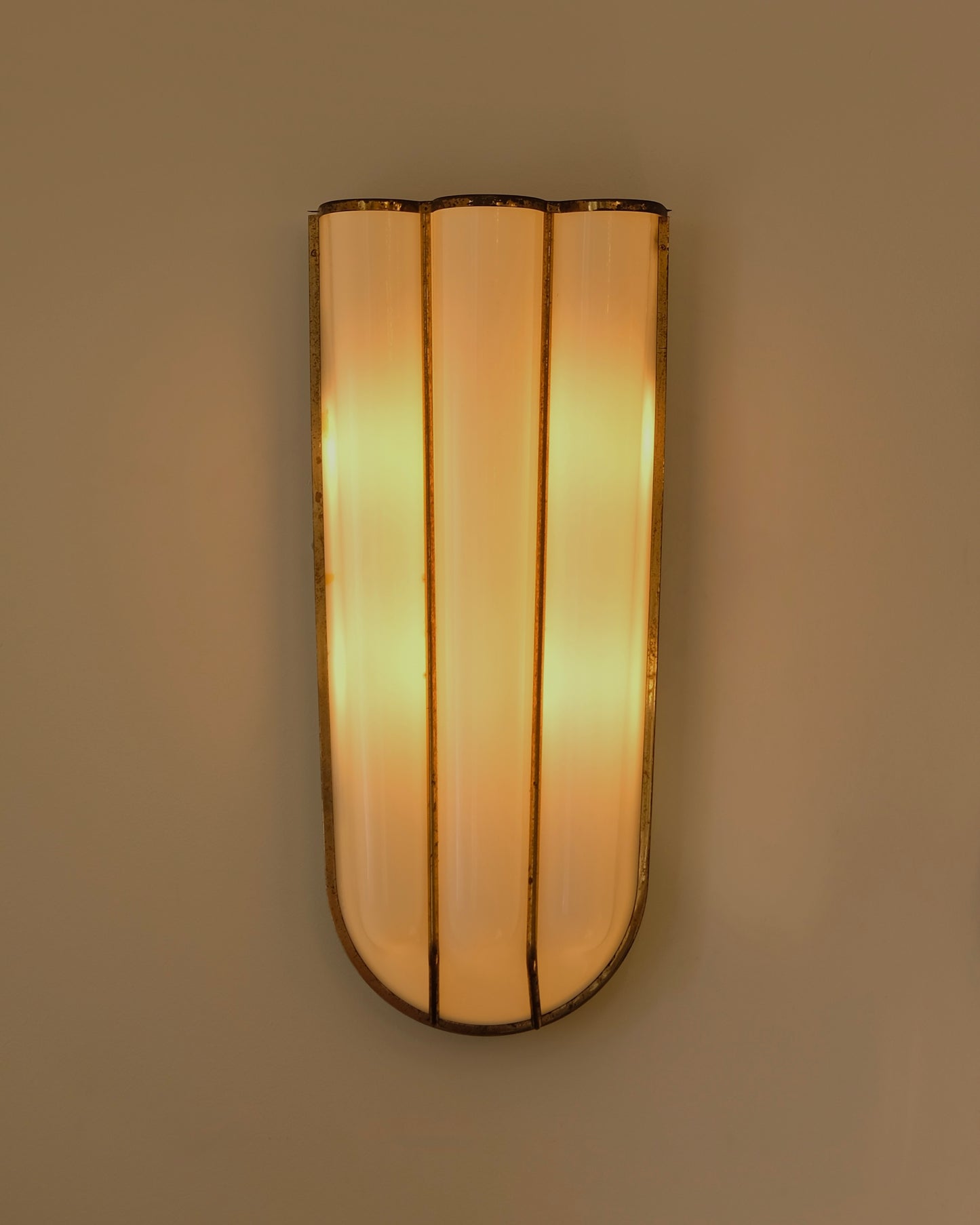 BRASS TRIPARTITE SCONCES w. OPAL METHACRYLATE SHADE