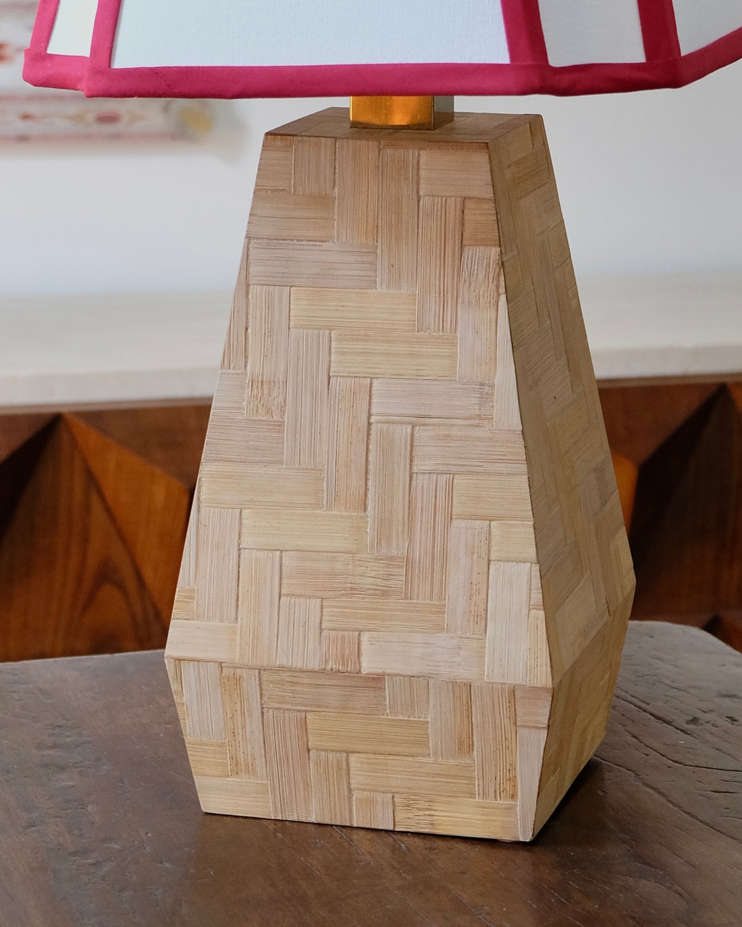 FRENCH BAMBOO BOX TABLE LAMP w. RED TRIM SHADE