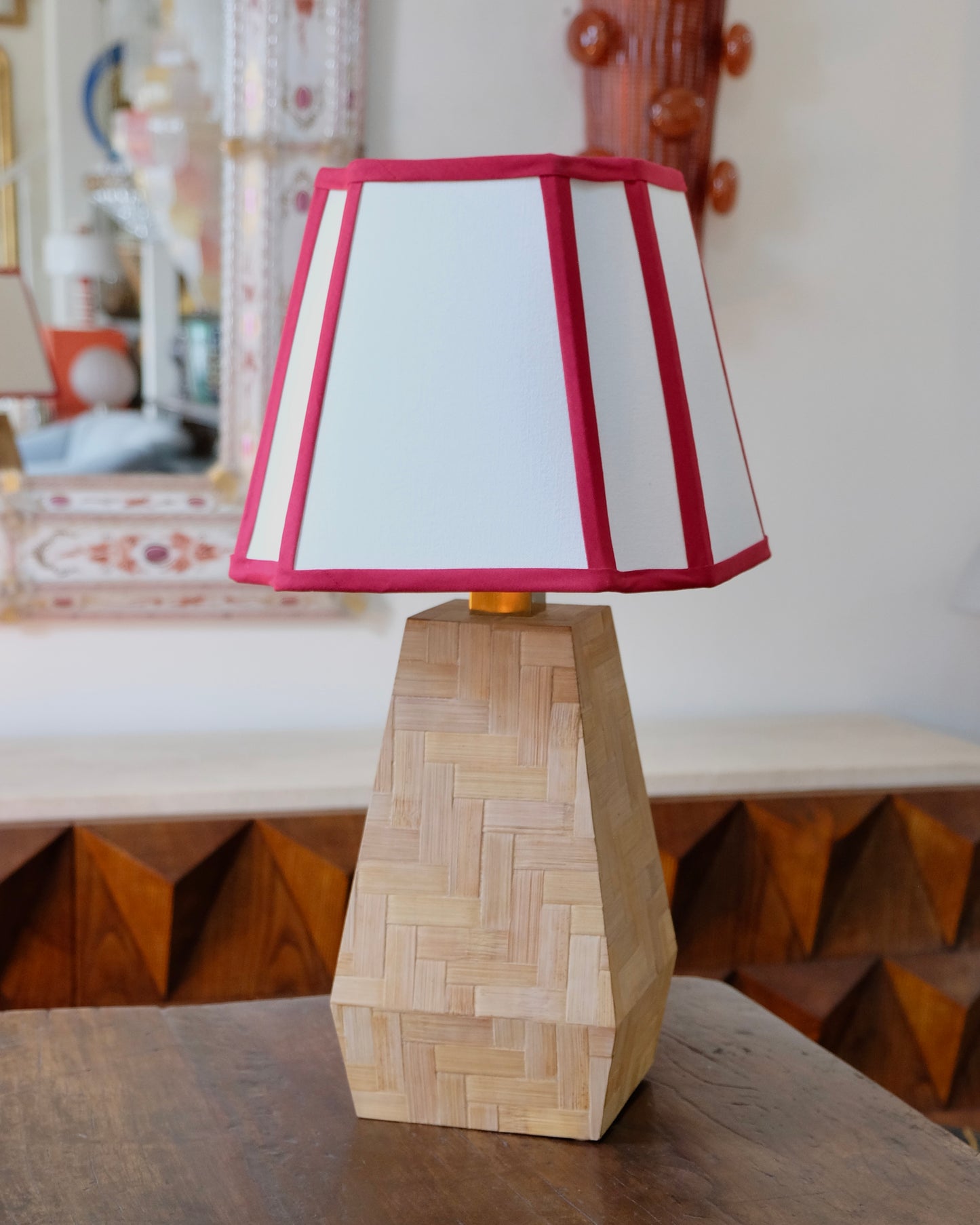 FRENCH BAMBOO BOX TABLE LAMP w. RED TRIM SHADE