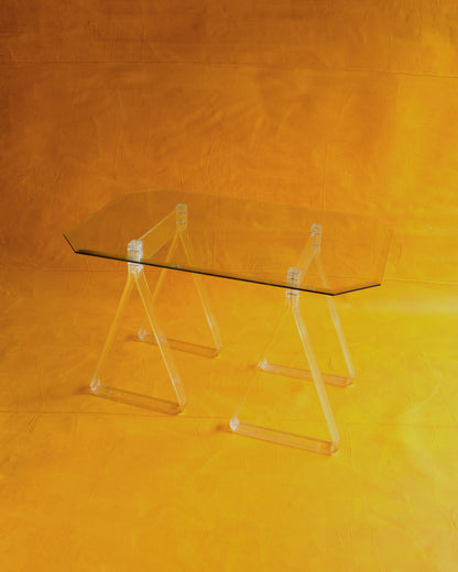 BEVELLED GLASS TRESTLE TABLE w. PLEXIGLASS BASE