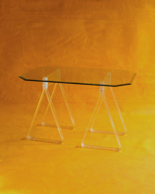 BEVELLED GLASS TRESTLE TABLE w. PLEXIGLASS BASE