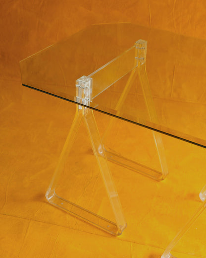 BEVELLED GLASS TRESTLE TABLE w. PLEXIGLASS BASE