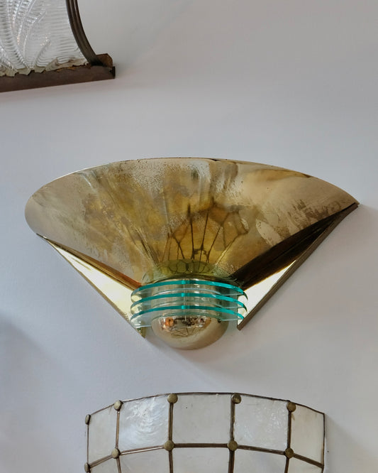 BRASS SAUCER WALL LIGHTS w. GLASS DISCS