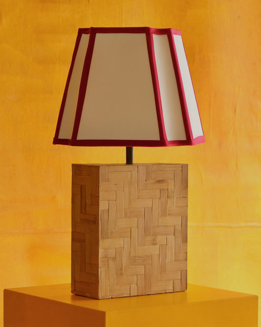 FRENCH BAMBOO BOX TABLE LAMP w. RED TRIM SHADE