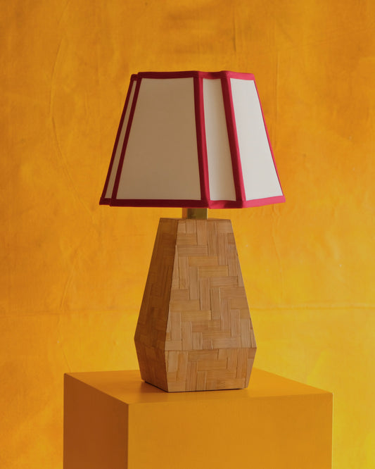 TAPERED FRENCH BAMBOO TABLE LAMP w. RED TRIM SHADE