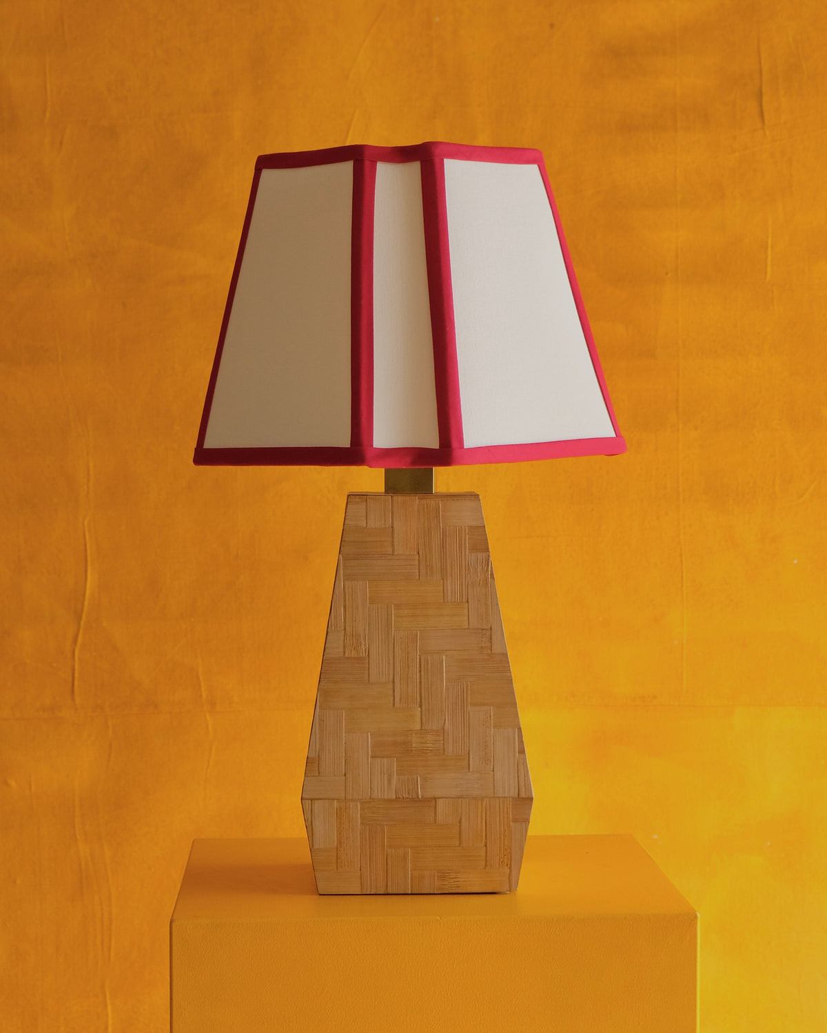 TAPERED FRENCH BAMBOO TABLE LAMP w. RED TRIM SHADE