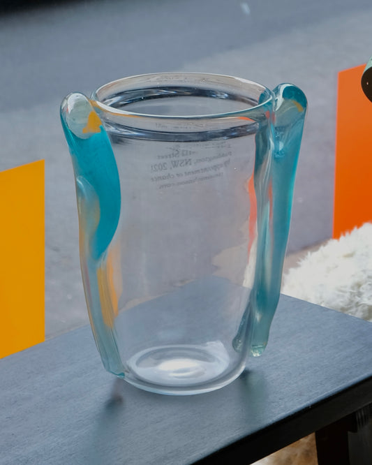 CLEAR MURANO VASE w. BLUE APPLIED SWIRLS