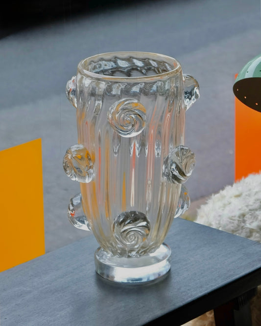CLEAR AMBER WASH MURANO VASE w. APPLIED SWIRLS