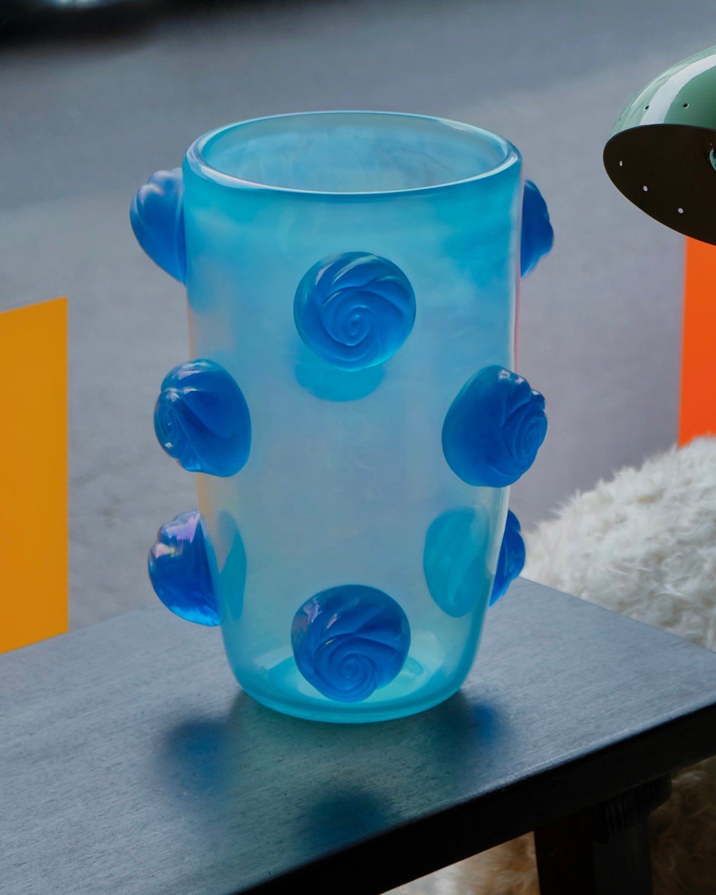 BLUE MURANO VASE w. APPLIED SWIRLS