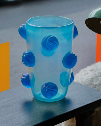 BLUE MURANO VASE w. APPLIED SWIRLS