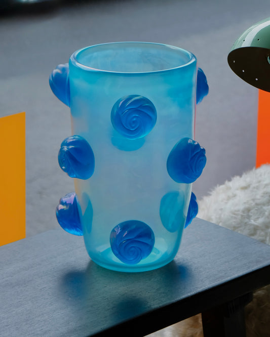 BLUE MURANO VASE w. APPLIED SWIRLS