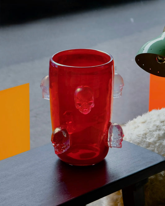 RED MURANO VASE w. CAST SKULL DETAIL