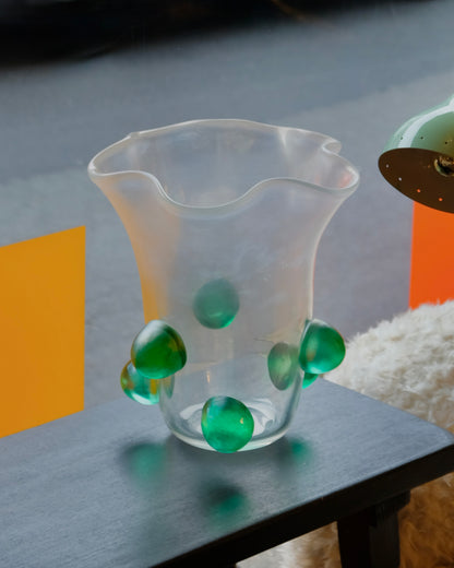 CLEAR IRIDESCENT MURANO ABSTRACT VASE w. GREEN SPOTS