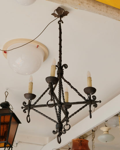 WROUGHT IRON FOUR ARMED PENDANT w. ETCH PATTERN DETAIL