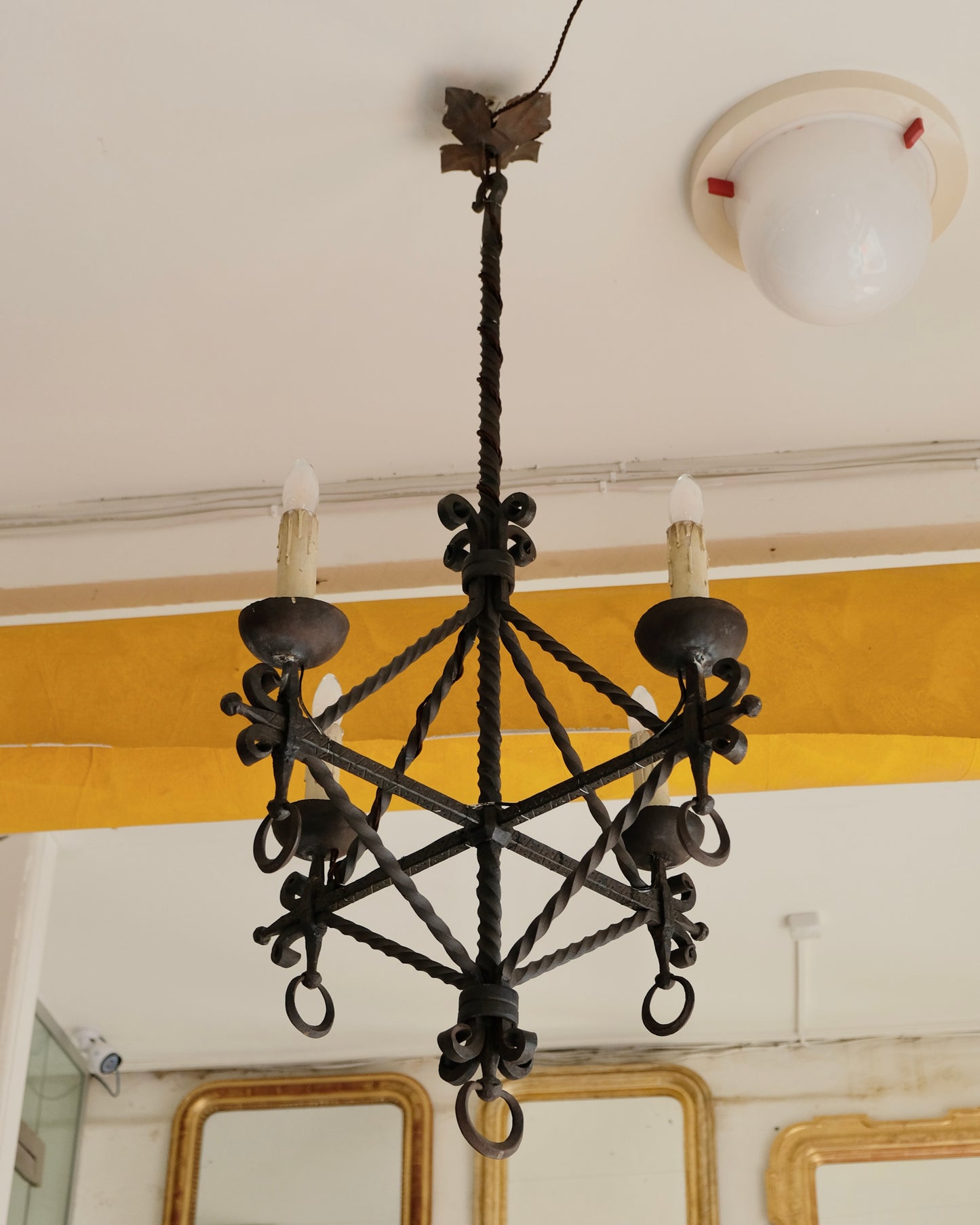 WROUGHT IRON FOUR ARMED PENDANT w. ETCH PATTERN DETAIL