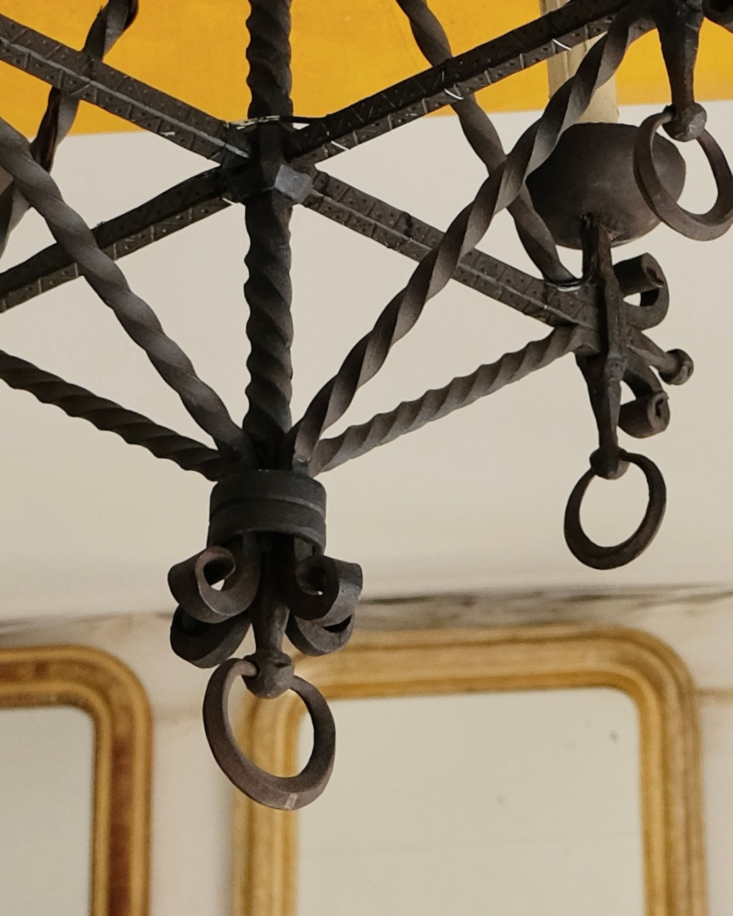WROUGHT IRON FOUR ARMED PENDANT w. ETCH PATTERN DETAIL