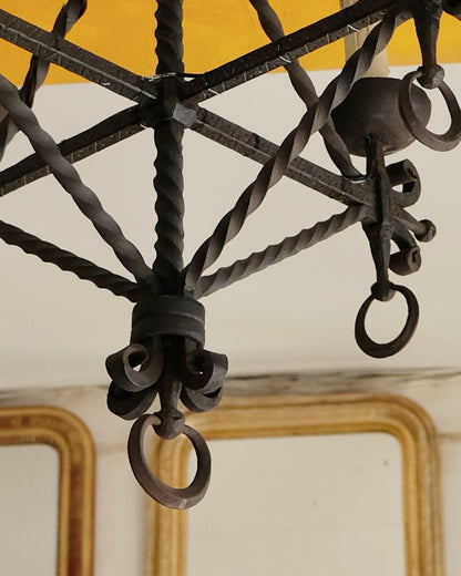 WROUGHT IRON FOUR ARMED PENDANT w. ETCH PATTERN DETAIL