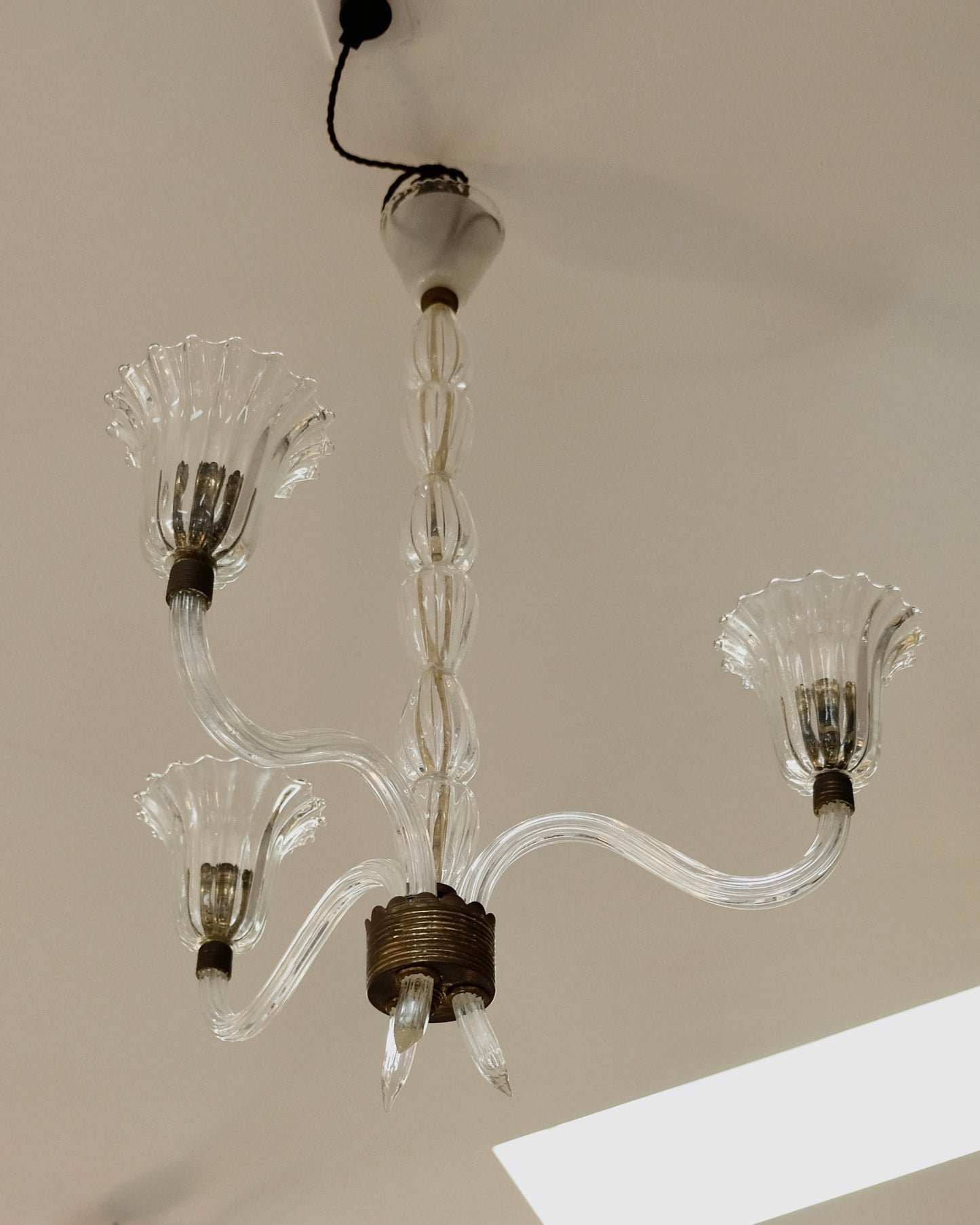 THREE ARMED FLUTED MURANO GLASS PENDANT