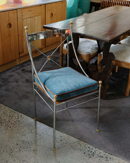 PAIR OF CHROME CROSS BACK DINING CHAIRS w. BRASS DETAIL