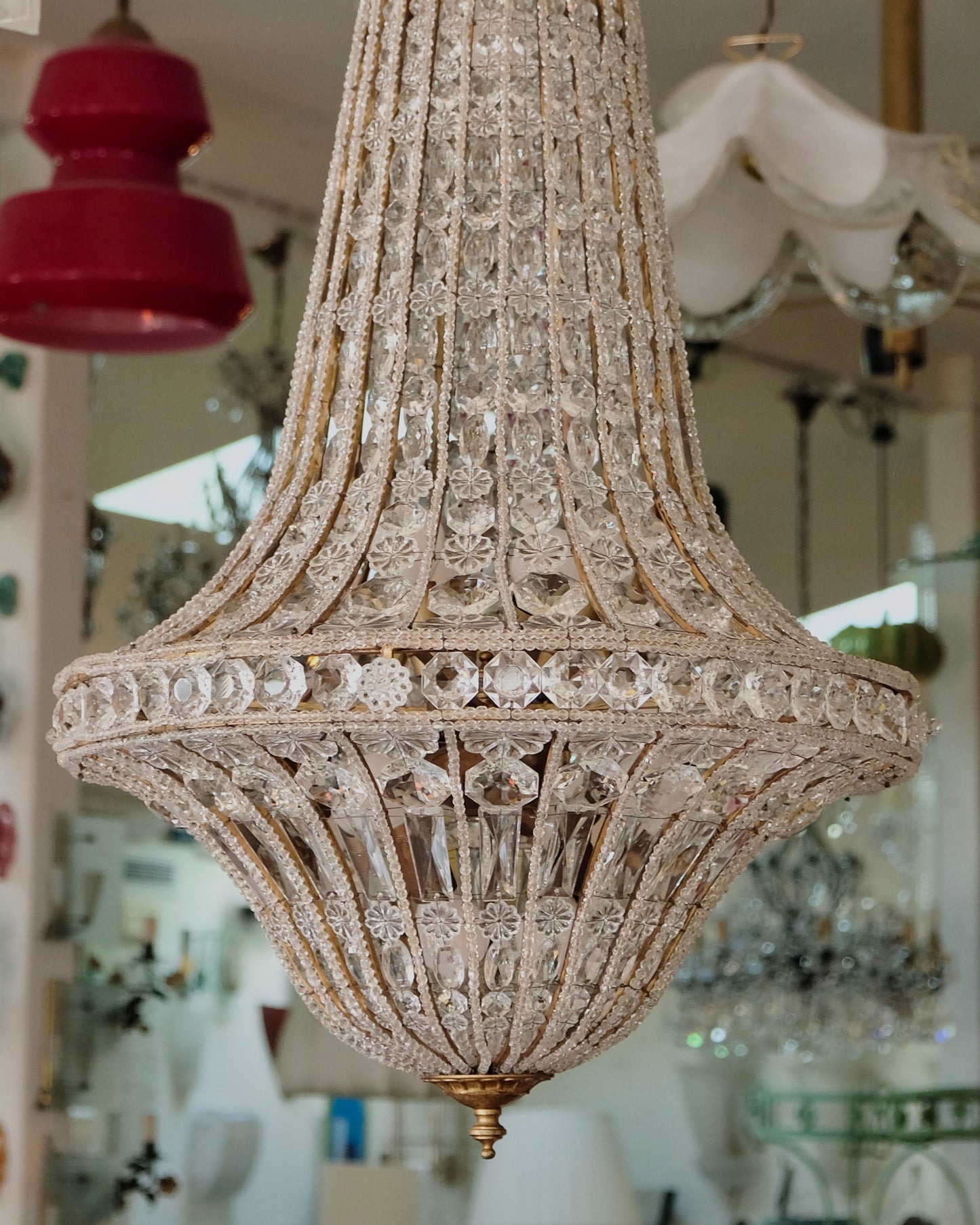 TAPERED CRYSTAL ENCLOSED BASKET CHANDELIER