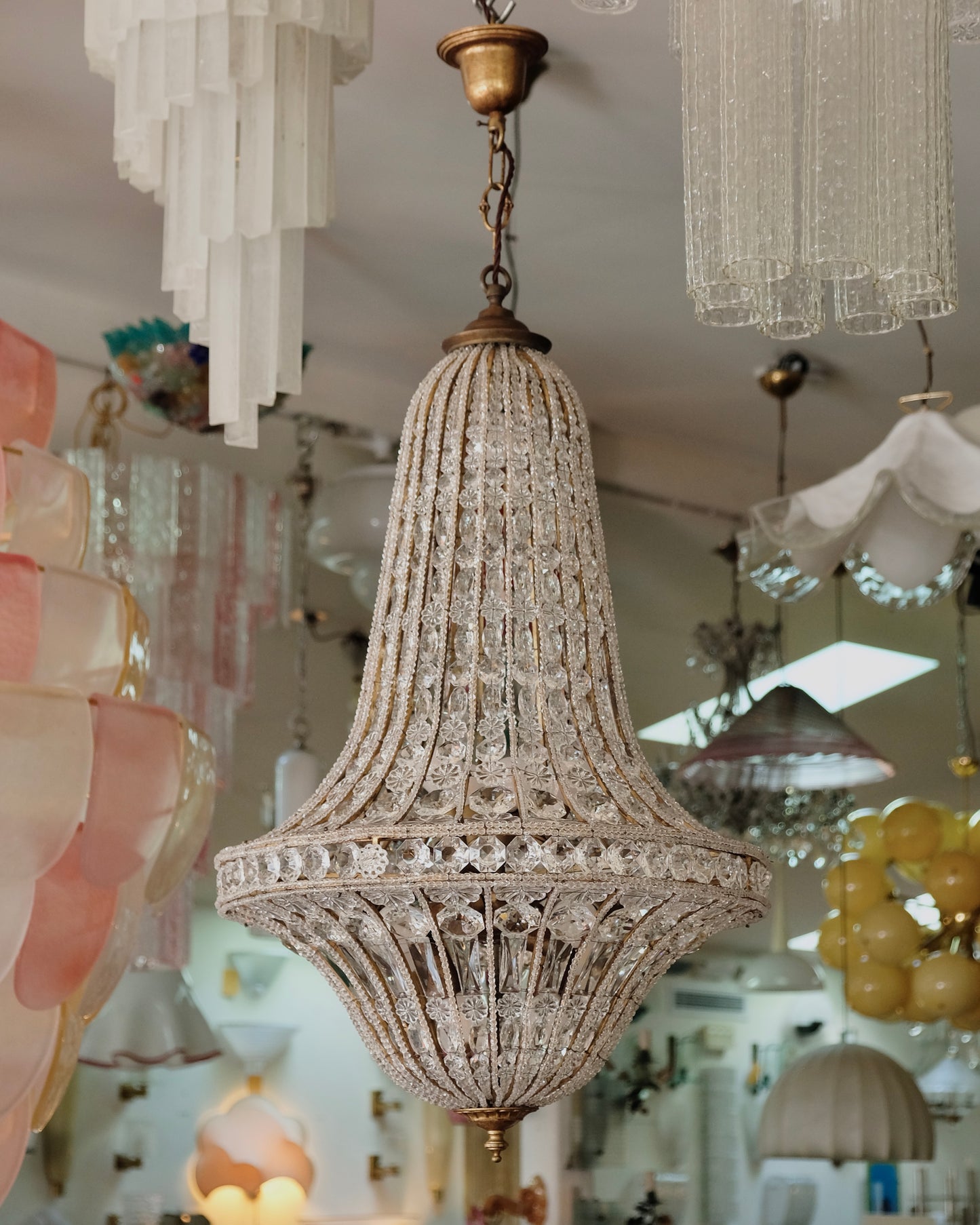 TAPERED CRYSTAL ENCLOSED BASKET CHANDELIER