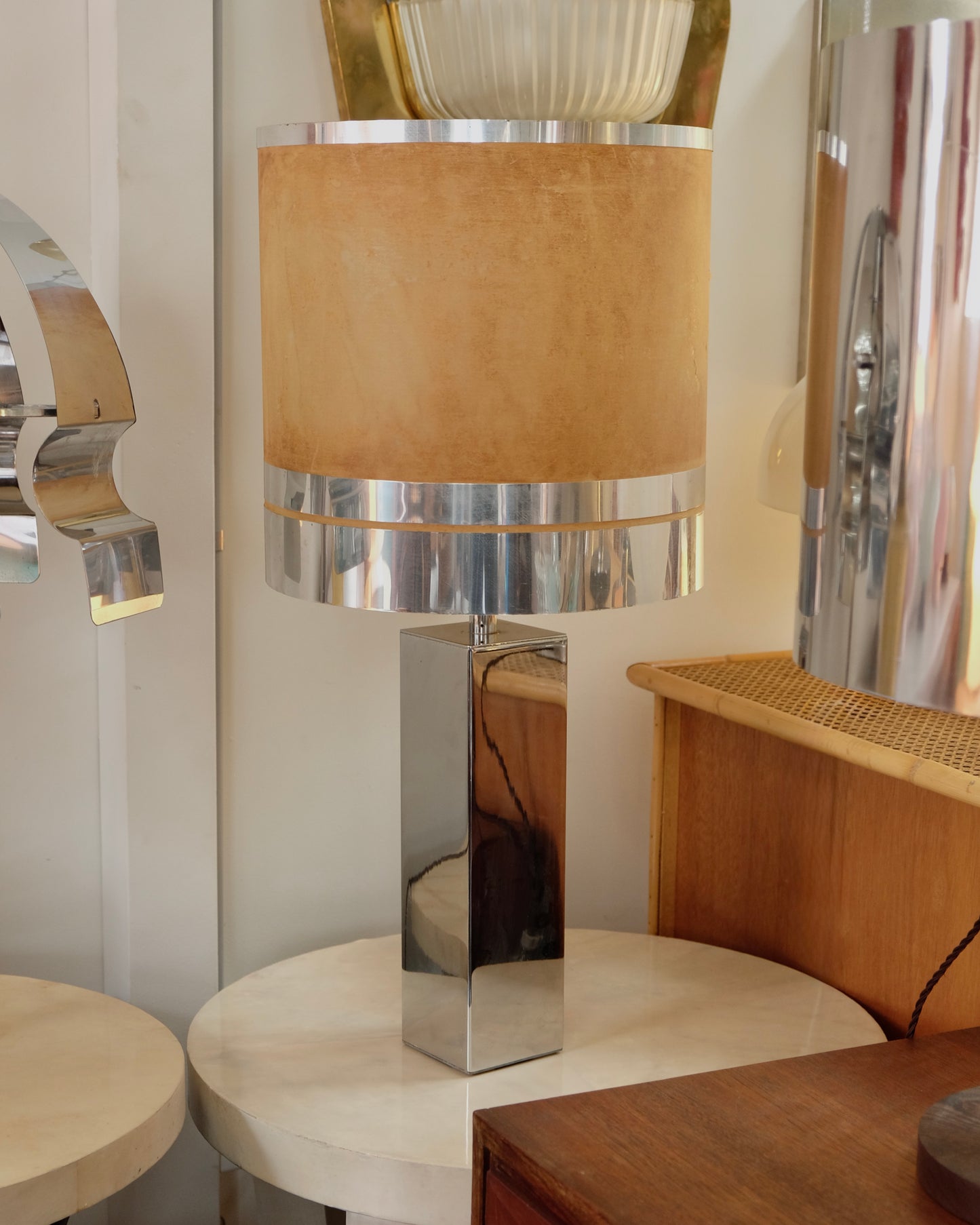 CHROME PILLAR TABLE LAMP w. BANDED AGED SHADE