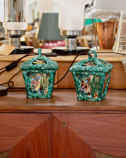PAIR OF CERAMIC MAJOLICA SEA LIFE LANTERNS