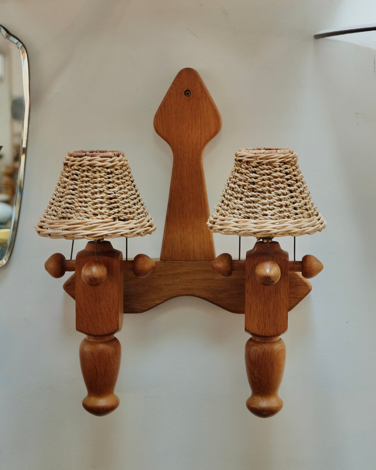 FRENCH OAK TWIN ARM WALL SCONCE w. WOVEN SHADE