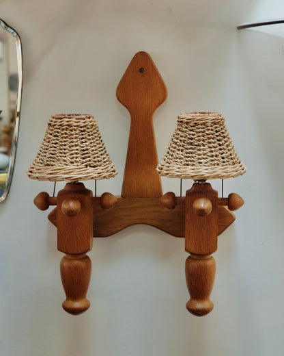 FRENCH OAK TWIN ARM WALL SCONCE w. WOVEN SHADE