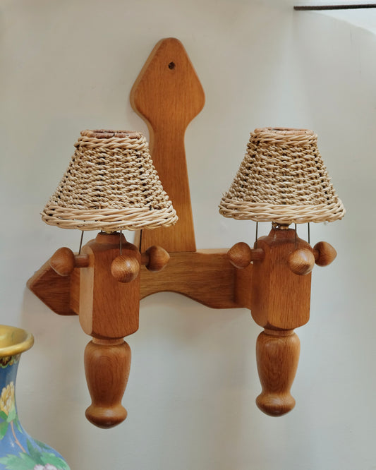 FRENCH OAK TWIN ARM WALL SCONCE w. WOVEN SHADE