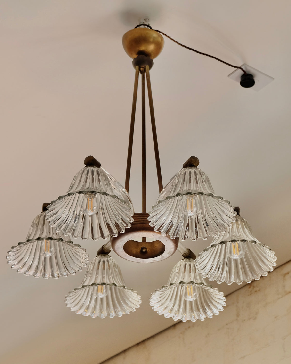 ERCOLE & BAROVIER TULIP GLASS SIX ARMED PENDANT