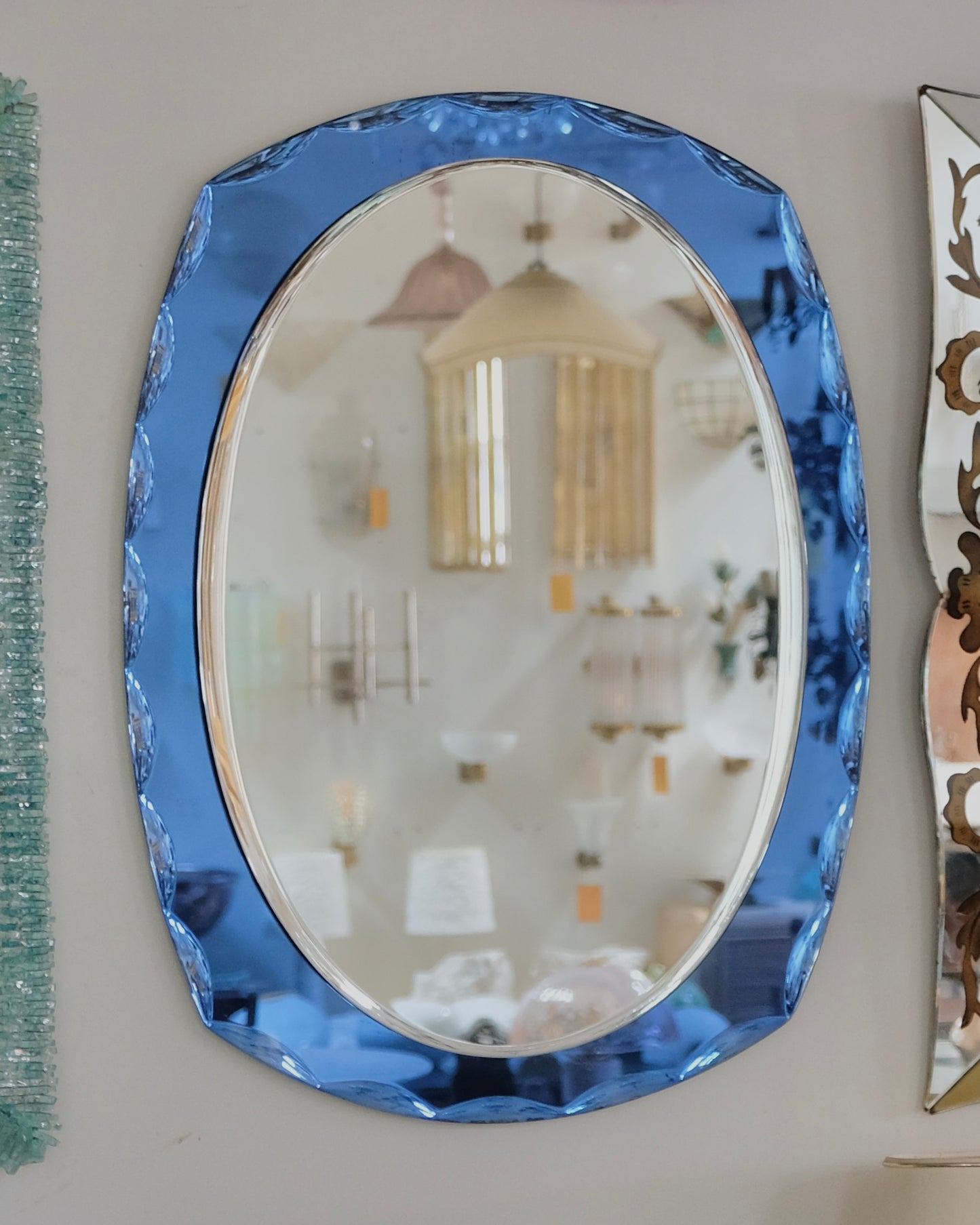 BLUE SCALLOPED GLASS FRAMED MIRROR