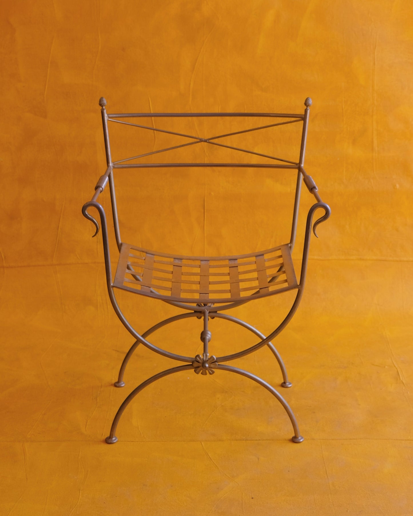 BRASS CURULE CHAIRS w. FLORAL DETAIL