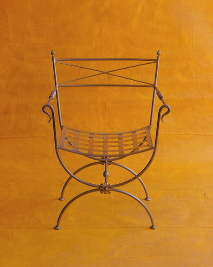 BRASS CURULE CHAIRS w. FLORAL DETAIL