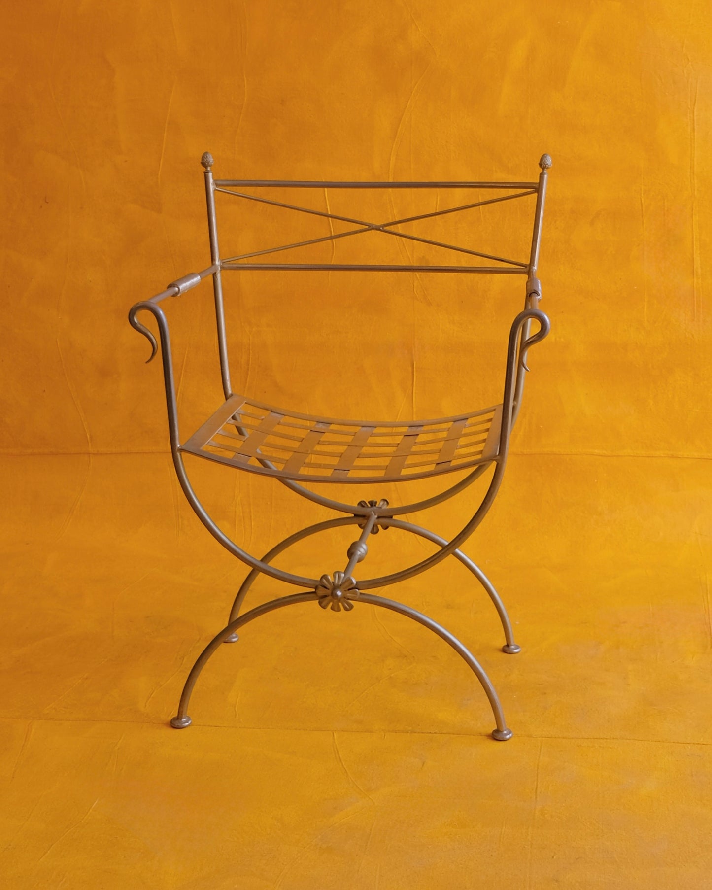 BRASS CURULE CHAIRS w. FLORAL DETAIL