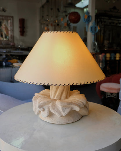 SCULPTURAL STONE TABLE LAMP w. WHIPSTICH PARCHMENT SHADE