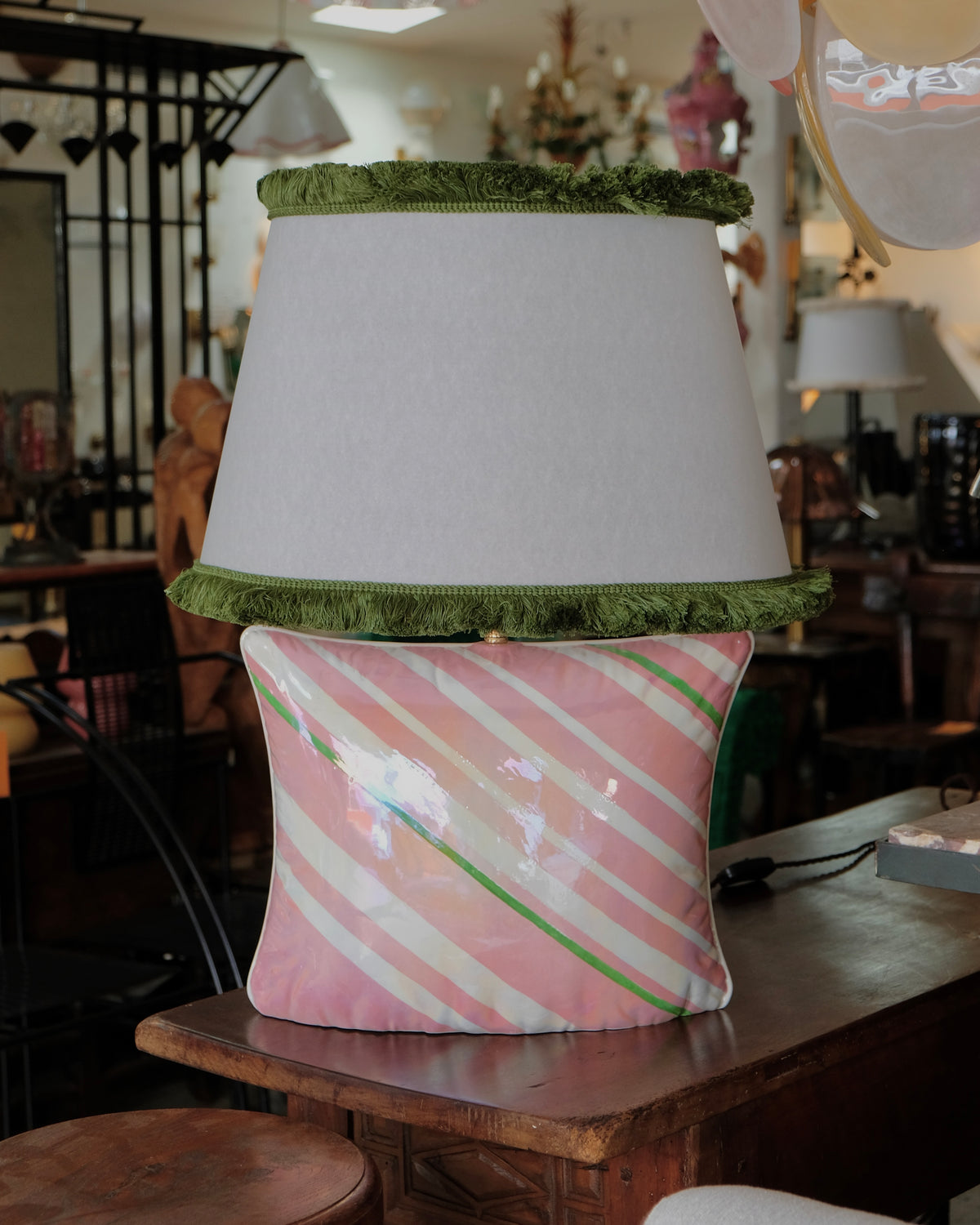 CERAMIC ITALIAN CUSHION LAMP w. FRINGED TRIM SHADE