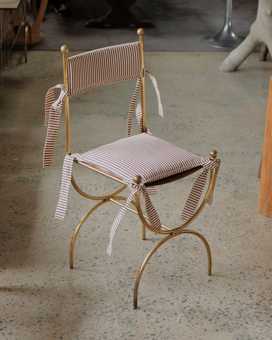 TRIO OF BRASS CURULE CHAIRS w. STRIPED MOIRE SILK CUSHIONS