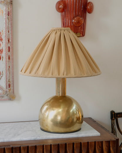 LARGE FRENCH BRASS CIRCULAR TABLE LAMP w. PLEATED SHADE