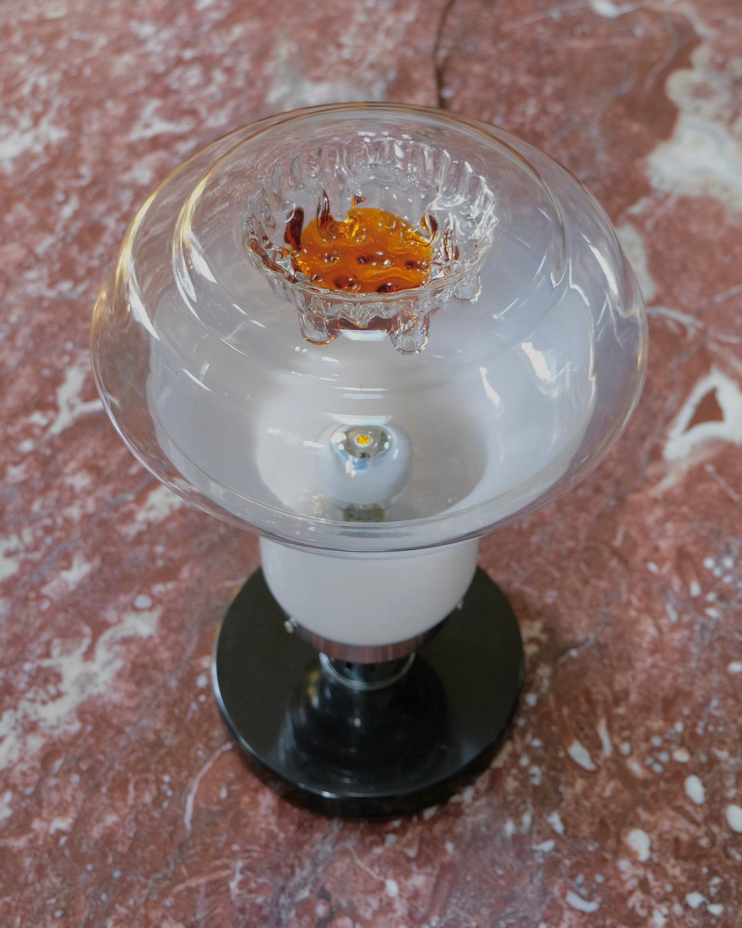 MURANO MILK GLASS TABLE LAMPS w. DRIPPED AMBER TOP