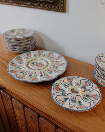SET OF TWELVE FRENCH FLORAL OYSTER PLATES w. CENTRE FEATURE