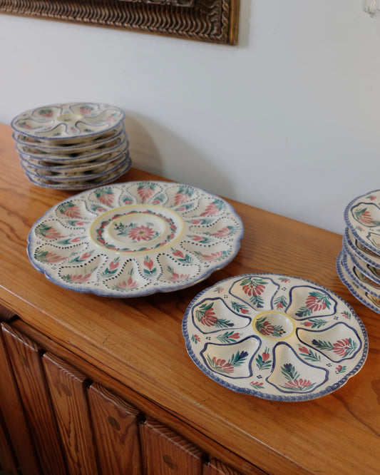 SET OF TWELVE FRENCH FLORAL OYSTER PLATES w. CENTRE FEATURE