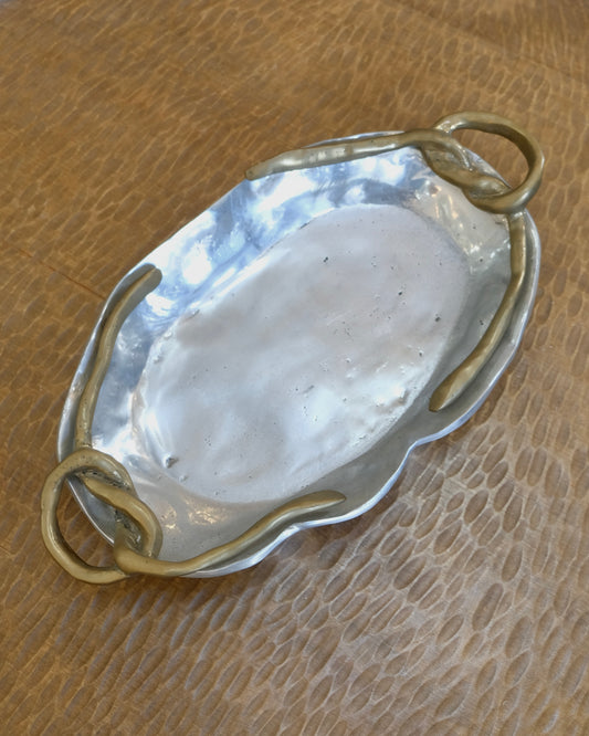 SMALL CAST ALUMINIUM TRAY w. TWISTED BRASS HANDLES